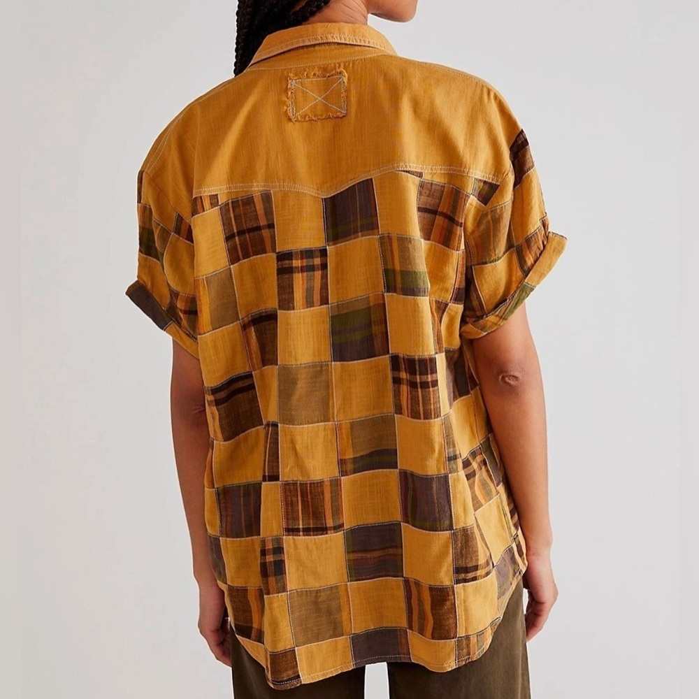 Free People Charleston Madras Check Mustard Plaid Button-Up Shirt Size XS - Picture 2 of 11